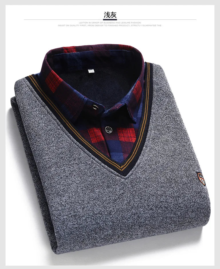 New 2024 Autumn Winter Men's Wool Shirt-Neck Sweater Fashionable Plaid Solid Thickened Warm Fleece High Quality Versatile Casual