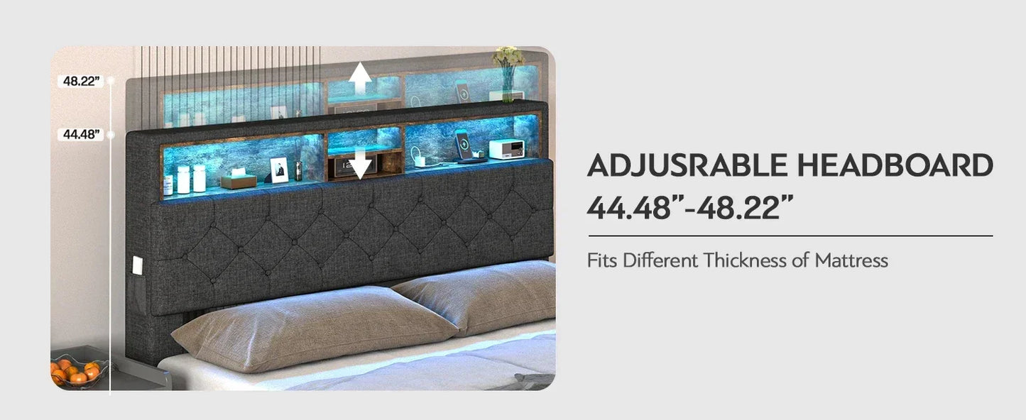 LED Bed Frame with Headboard, Queen Platform Bed Frames with Storage Drawers and Charging Station, Queen Size Bed Frame