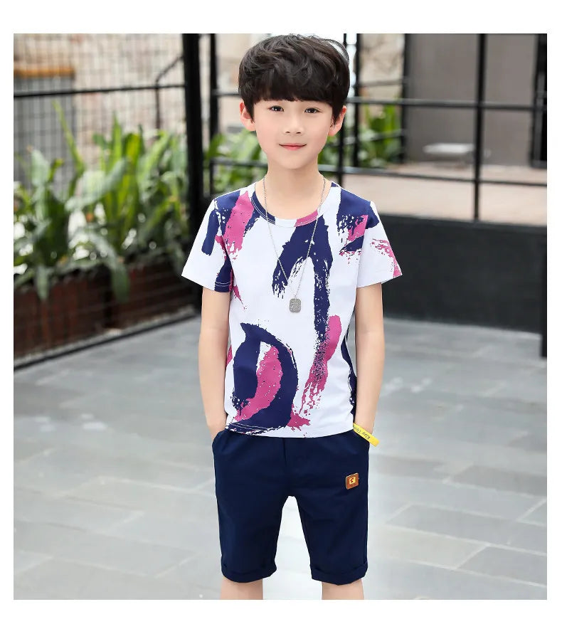 Children clothes Boys Clothing Sets Summer Cotton Teenage Kids  Suit For 4 6 8 10 12 14 Years Short Sleeve Shirt Shorts Set