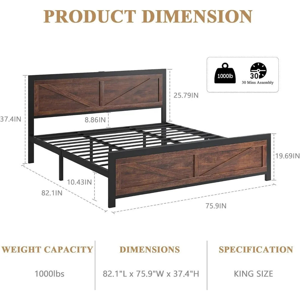 Led Bed Frame Queen/Full/King Size with Charging Station, Industrial Platform Bed Frame with Rustic Barn Door Wood Headboard