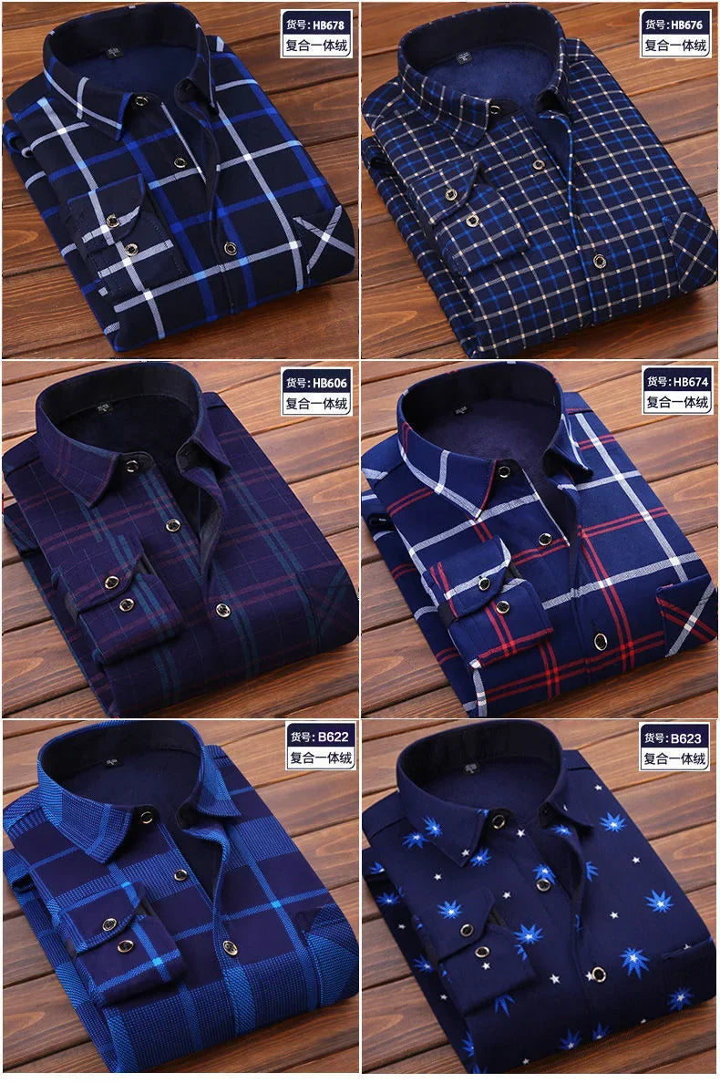 2024 Men's Autumn Winter Casual Long Sleeve Plaid Shirt Thick Warm Men's Casual High Quality Soft Large Size Warm Shirt Tops 4XL