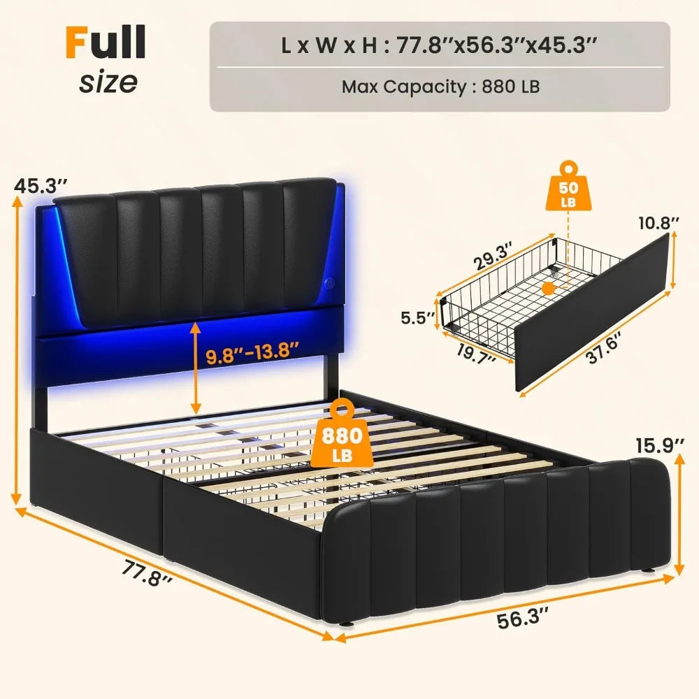 Queen Bed Frame with Headboard and 4 Storage Drawers, Platform Bed Frame Queen Size with Led Light & 2 USB Ports