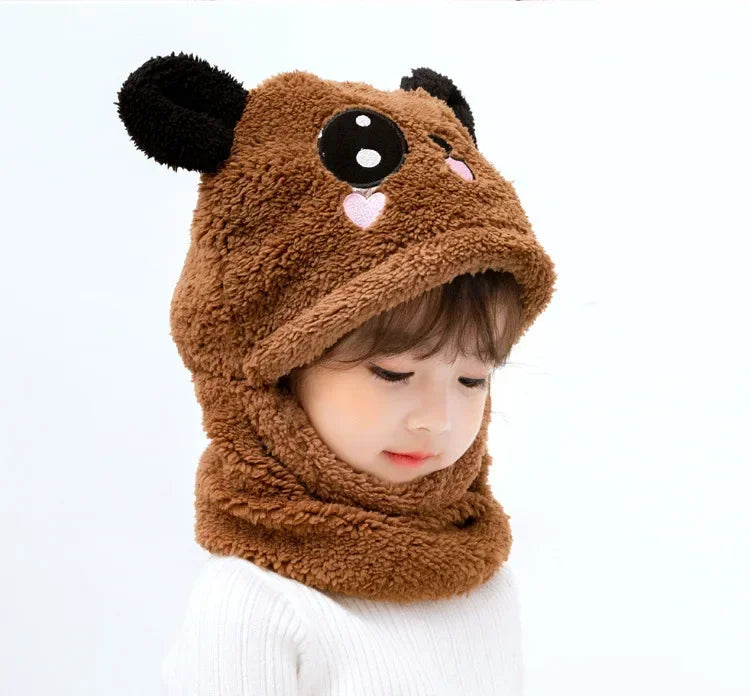 Cartoon Hat for Girls Boys Scarf Thicken Cap Winter Hat for Kids Newborn Baby Stuff Children Hat Plus Fleece Kids Caps 1-18Years