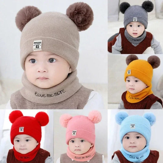 Winter Warm Baby Knitted Hats with Scarf Kids Knit Beanie Hats Solid Color Children's Hat for Toddler Boys Girls Accessories