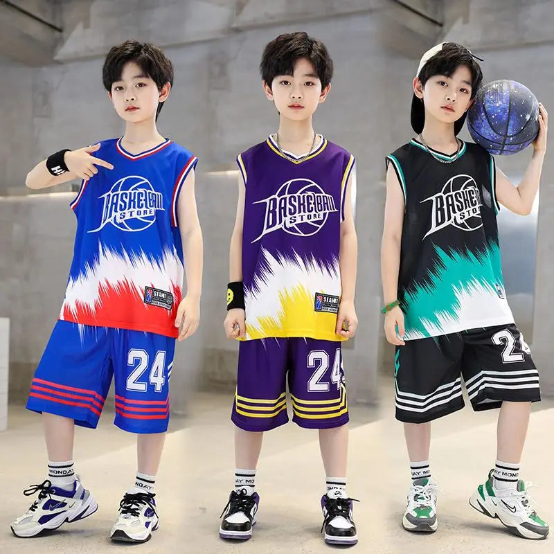 Boys Summer Quick-Dry Basketball Sports Suits 4-14 Years Boys Sleeveless Vset+Short Pants 2pcs Sets Kids Sports Outfits Clothing