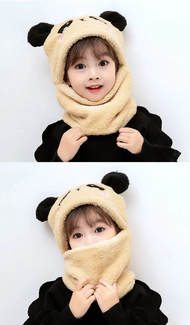 Cartoon Hat for Girls Boys Scarf Thicken Cap Winter Hat for Kids Newborn Baby Stuff Children Hat Plus Fleece Kids Caps 1-18Years