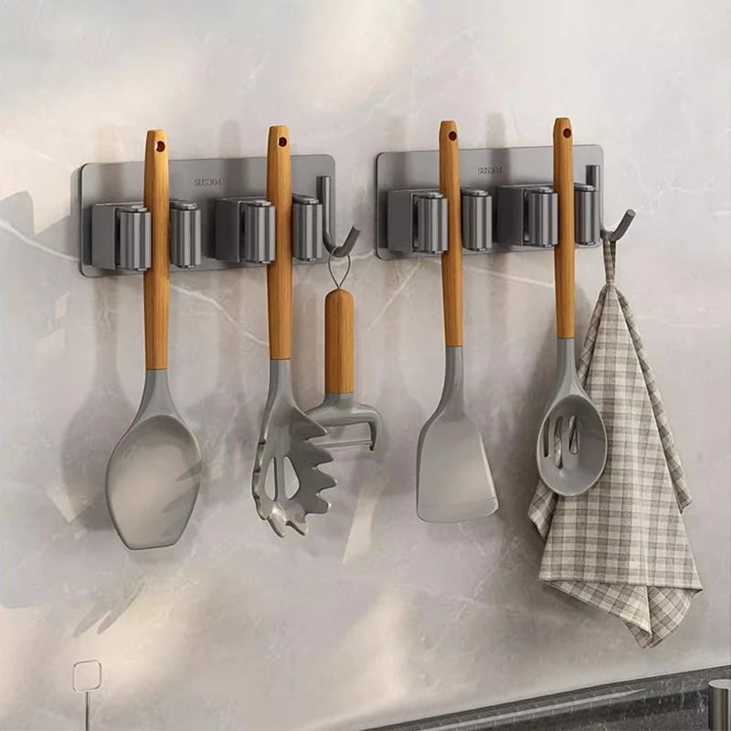 Multi-Purpose Hooks Adhesive Wall Hanging Mop Rack Broom Hanger Hook Kitchen Bathroom Organization Home Organizer Accessories