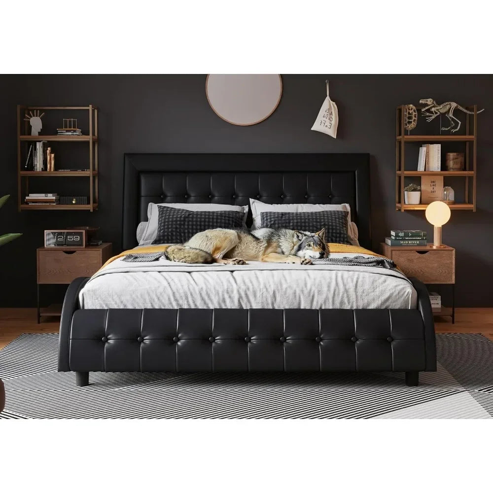 Bed frame, full-size box tufted with adjustable headboard, wooden slatted support, leatherette upholstery, bedroom bed frame