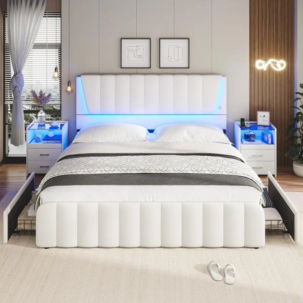 Queen Bed Frame with Headboard and 4 Storage Drawers, Platform Bed Frame Queen Size with Led Light & 2 USB Ports