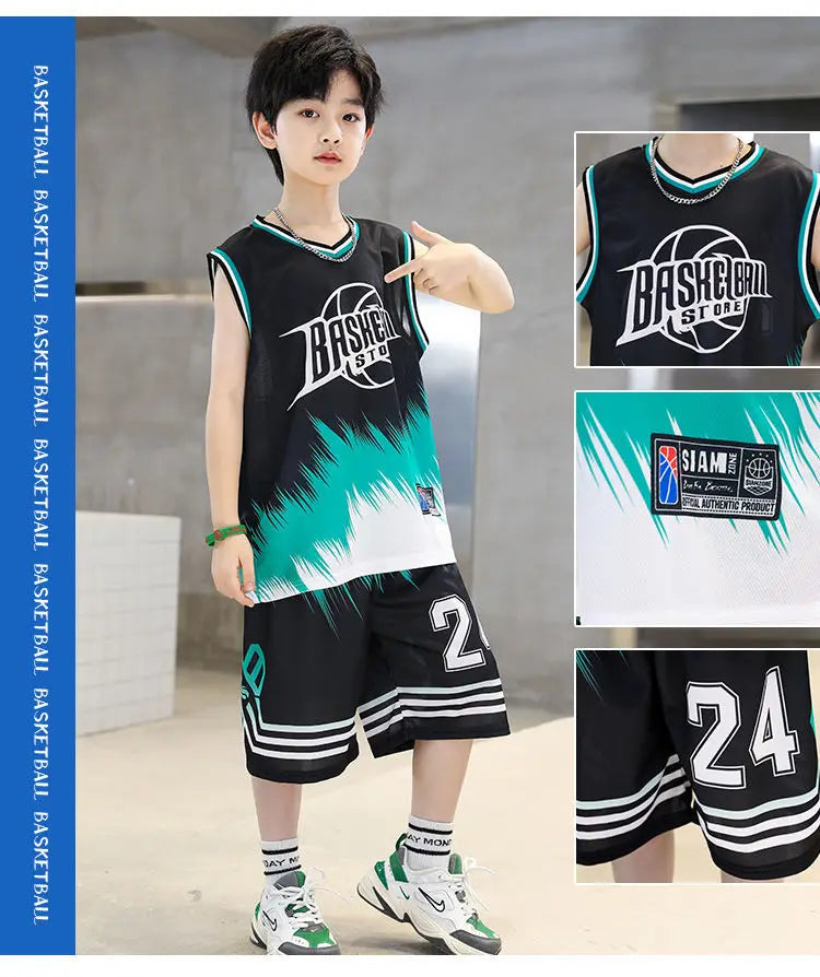 Boys Summer Quick-Dry Basketball Sports Suits 4-14 Years Boys Sleeveless Vset+Short Pants 2pcs Sets Kids Sports Outfits Clothing