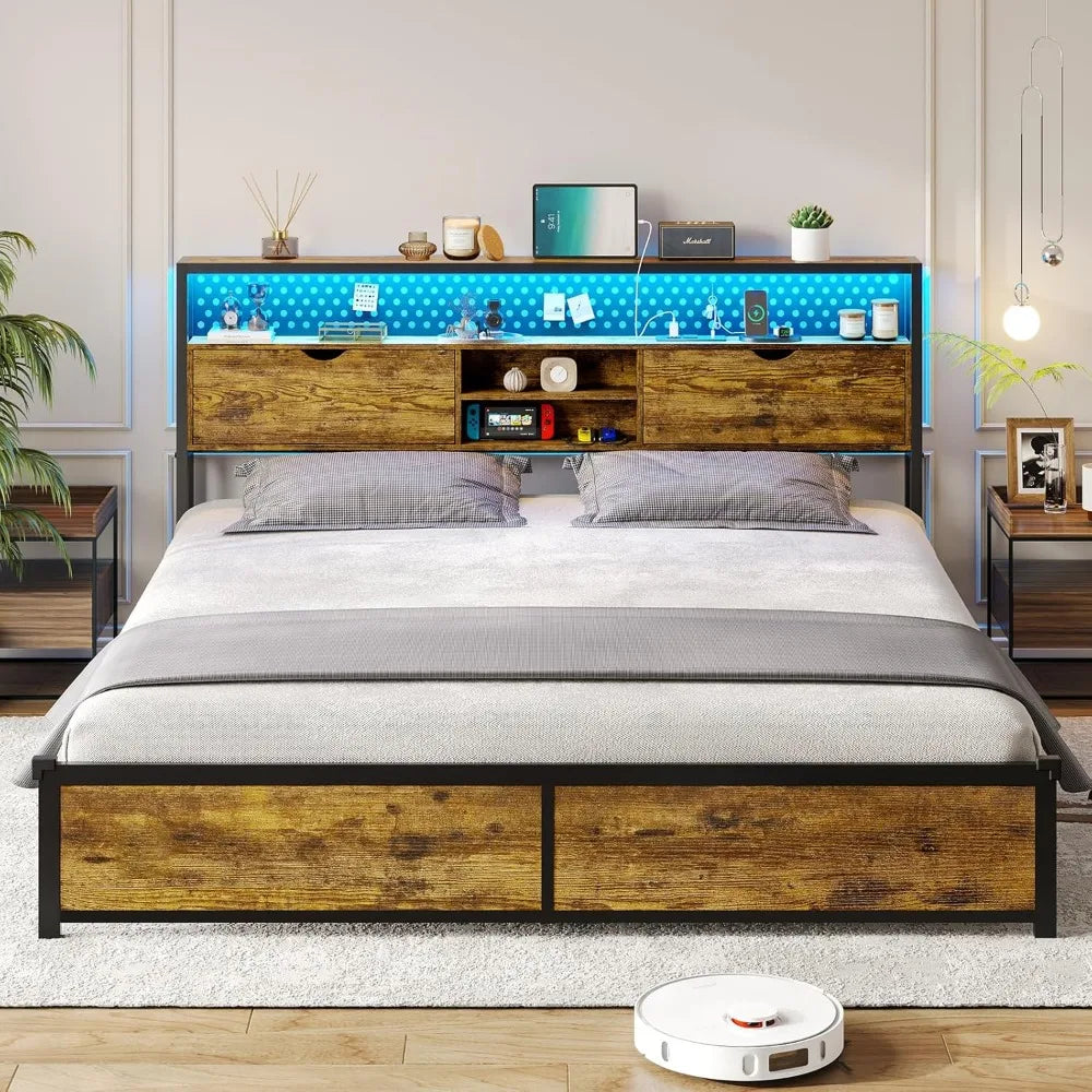 Bed Frame with Storage & LED Light Headboard, Metal Platform Bed Frame with Charging Station, Bed Frame with Shelf Headboard