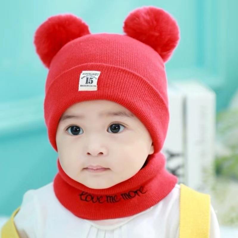 Winter Warm Baby Knitted Hats with Scarf Kids Knit Beanie Hats Solid Color Children's Hat for Toddler Boys Girls Accessories