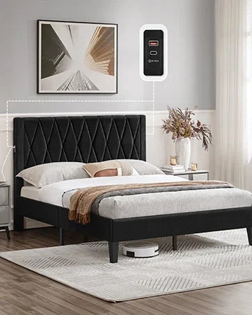 King Bed Frame Upholstered Platform Bed with Fabric Headboard, Wing Edge Design/Non-Slip and Noise-Free/Wooden Slats Support