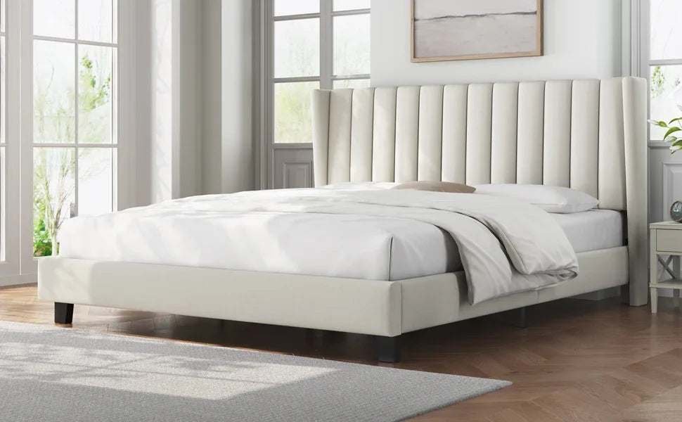 King Bed Frame Upholstered Platform Bed with Fabric Headboard, Wing Edge Design/Non-Slip and Noise-Free/Wooden Slats Support