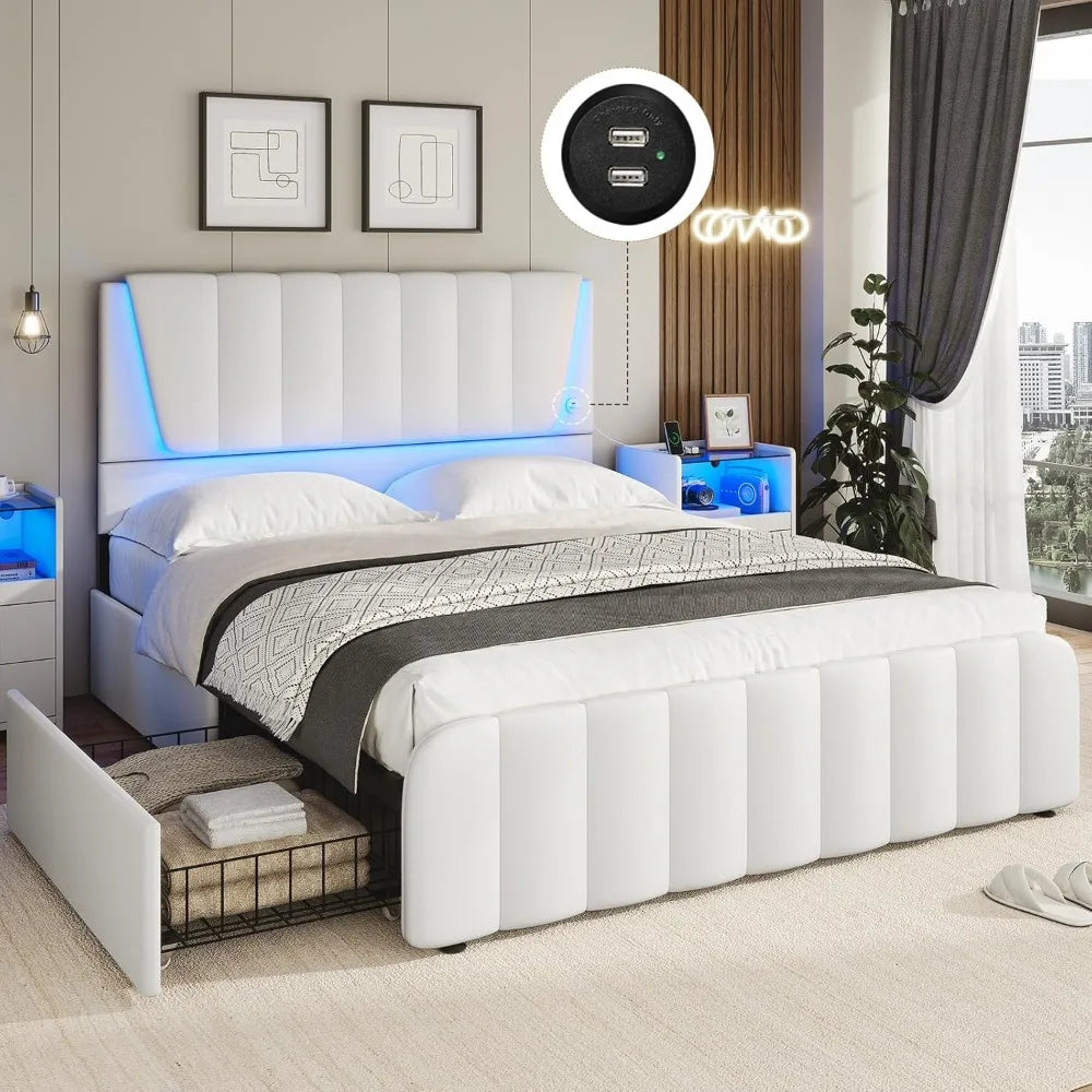 Queen Bed Frame with Headboard and 4 Storage Drawers, Platform Bed Frame Queen Size with Led Light & 2 USB Ports