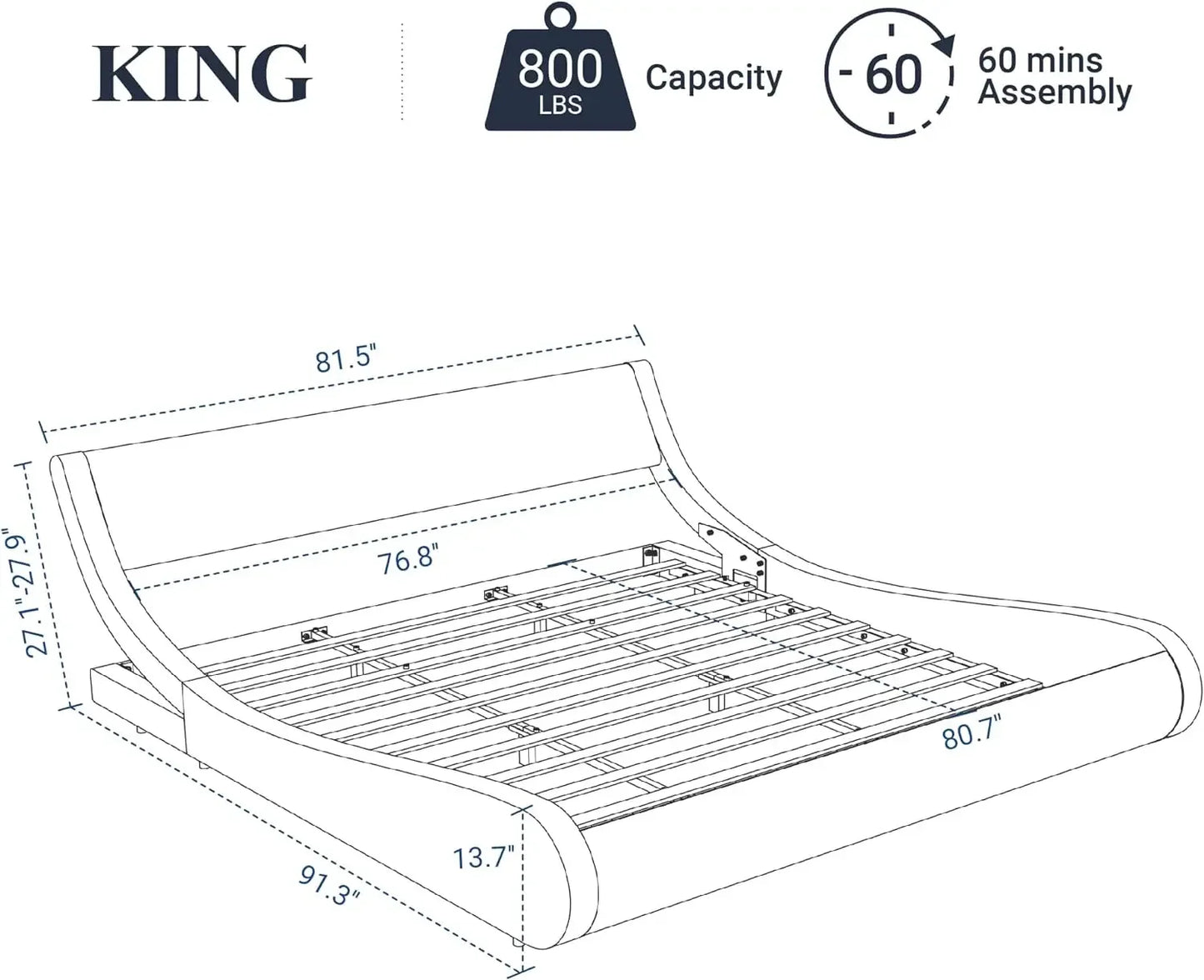 Bed Frame Modern Low-profile Toboggan Bed with Faux Leather Headboard for Easy Assembly of Upholstered Queen Platform Bed