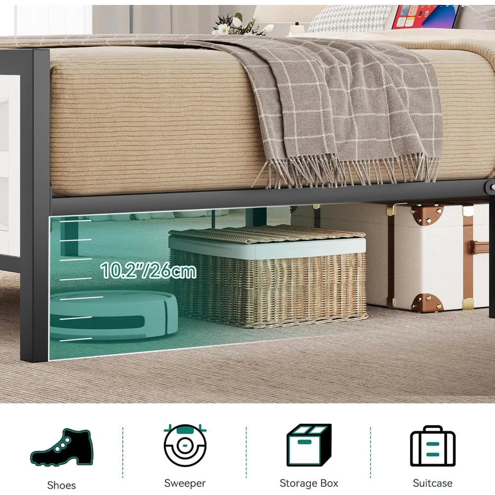 Queen Bed Frame with Storage Bookcase Headboard with LED Lights and Charging Station, Bed Frame