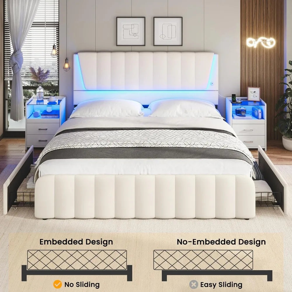 Queen Bed Frame with Headboard and 4 Storage Drawers, Platform Bed Frame Queen Size with Led Light & 2 USB Ports