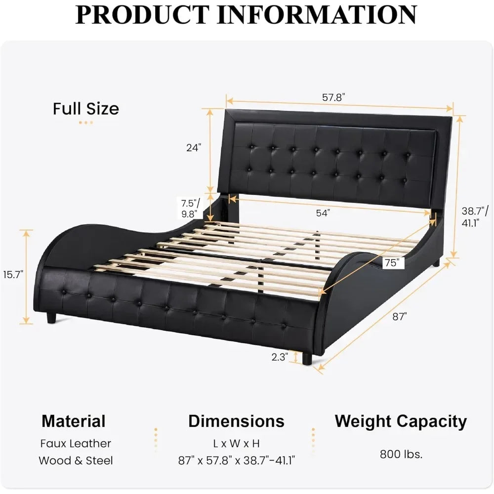 Bed frame, full-size box tufted with adjustable headboard, wooden slatted support, leatherette upholstery, bedroom bed frame