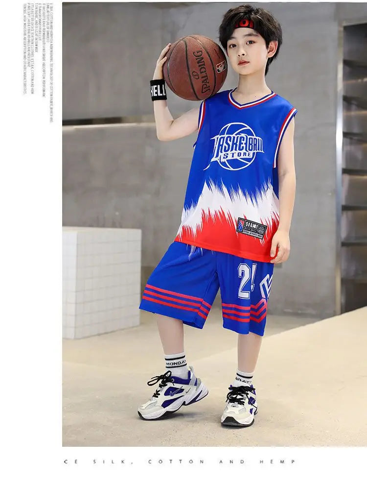 Boys Summer Quick-Dry Basketball Sports Suits 4-14 Years Boys Sleeveless Vset+Short Pants 2pcs Sets Kids Sports Outfits Clothing