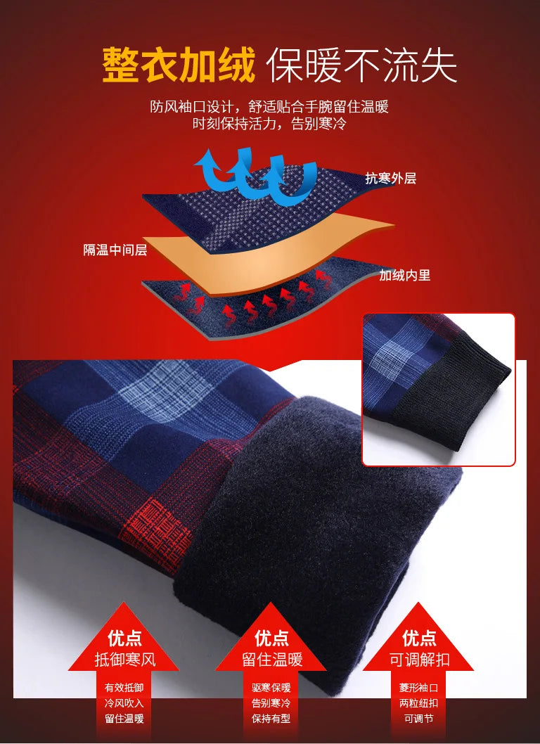 New 2024 Autumn Winter Men's Wool Shirt-Neck Sweater Fashionable Plaid Solid Thickened Warm Fleece High Quality Versatile Casual