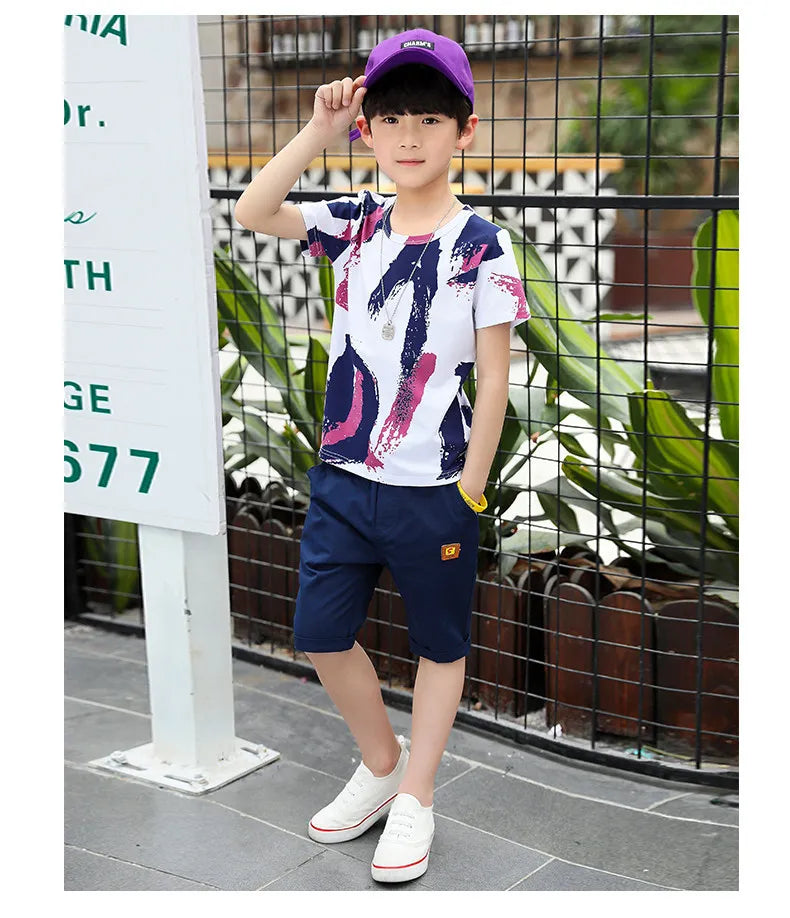 Children clothes Boys Clothing Sets Summer Cotton Teenage Kids  Suit For 4 6 8 10 12 14 Years Short Sleeve Shirt Shorts Set