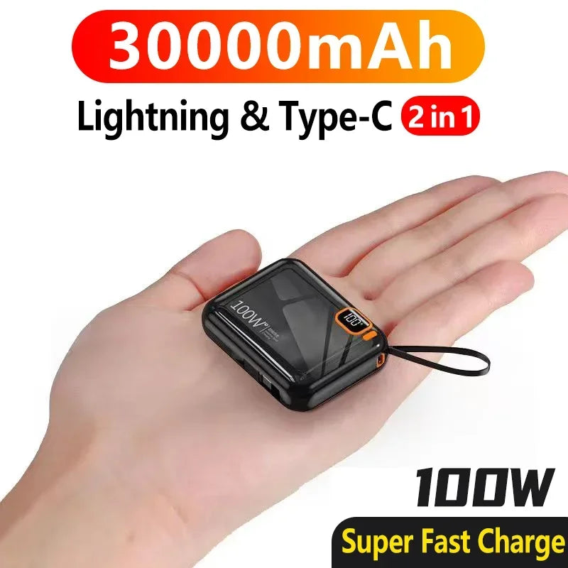 30000mah Portable Mini Power Bank PD100W Detachable USB to TYPE C Cable Fast Charging Powerbank For iPhone Xiaomi Samsung 2024