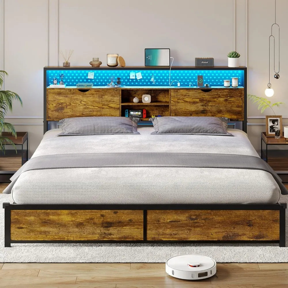 Bed Frame with Storage & LED Light Headboard, Metal Platform Bed Frame with Charging Station, Bed Frame with Shelf Headboard