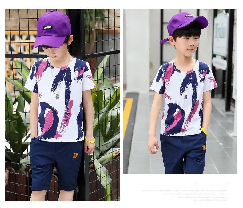 Children clothes Boys Clothing Sets Summer Cotton Teenage Kids  Suit For 4 6 8 10 12 14 Years Short Sleeve Shirt Shorts Set