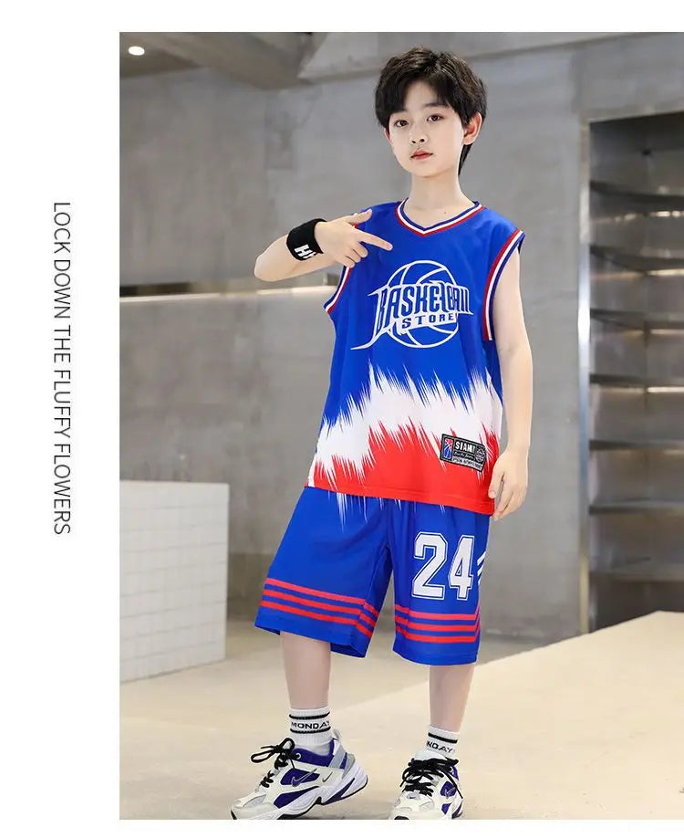 Boys Summer Quick-Dry Basketball Sports Suits 4-14 Years Boys Sleeveless Vset+Short Pants 2pcs Sets Kids Sports Outfits Clothing