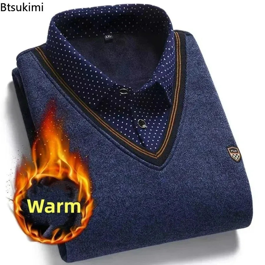 New 2024 Autumn Winter Men's Wool Shirt-Neck Sweater Fashionable Plaid Solid Thickened Warm Fleece High Quality Versatile Casual