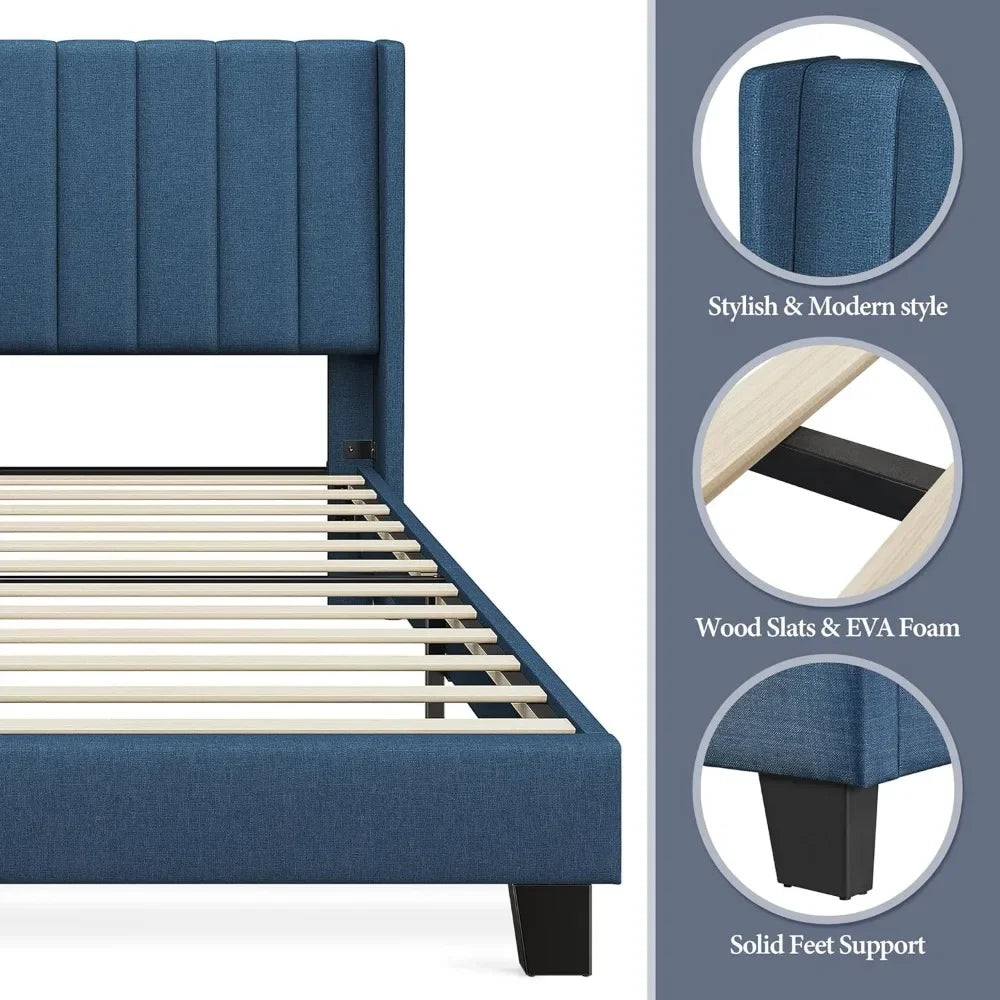 King Bed Frame Upholstered Platform Bed with Fabric Headboard, Wing Edge Design/Non-Slip and Noise-Free/Wooden Slats Support