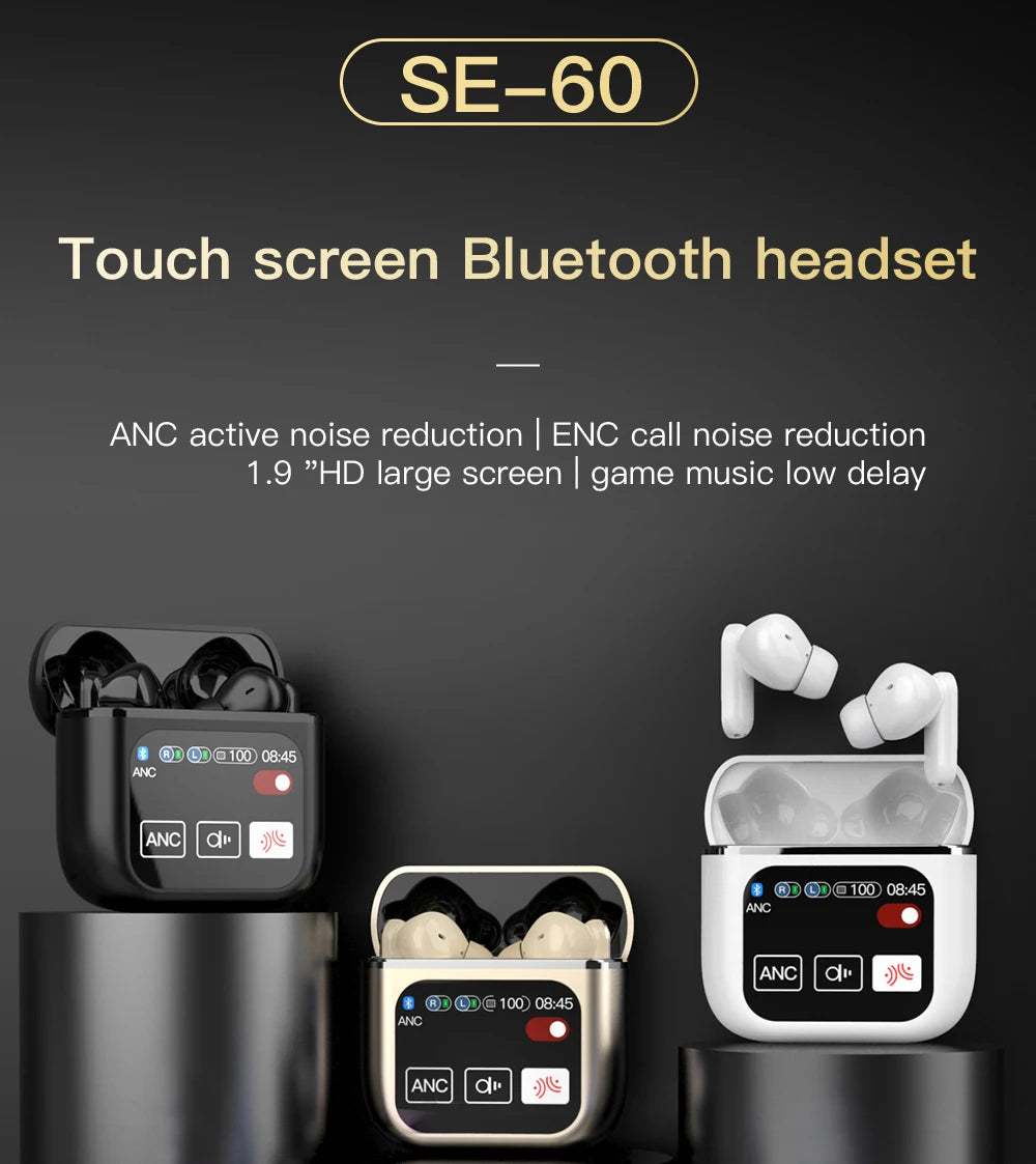 TWS Earbuds ANC Active Noise Cancellation Earphone With Touch Control LCD Screen Super Bass Premium Sound ENC Microphone SE-60