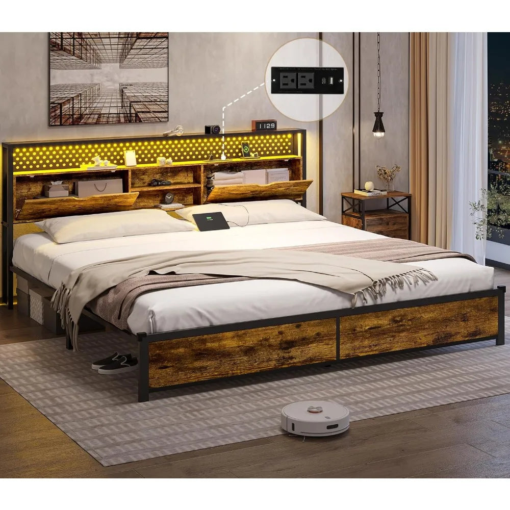 Bed Frame with Storage & LED Light Headboard, Metal Platform Bed Frame with Charging Station, Bed Frame with Shelf Headboard