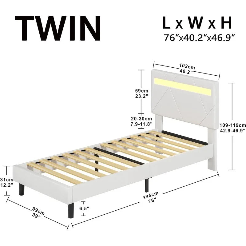 Bed Frame with LED Lights(Smart APP Control), Upholstered Modern Platform Bed Frame, No Box Spring Needed/Noise-Free