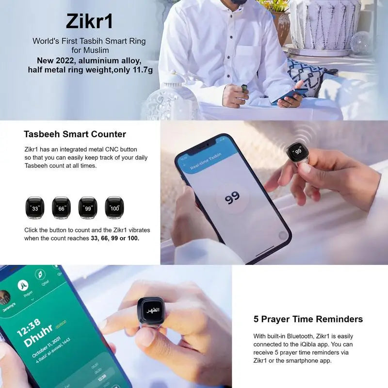 Iqibla Zikr1 Lite Smart Tasbih Tally Digital Counter for Muslims Tasbeeh Zikr Ring 5 Prayer Time Vibration Reminder Waterproof