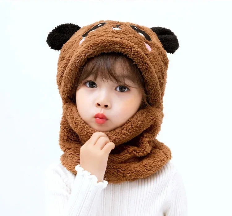 Cartoon Hat for Girls Boys Scarf Thicken Cap Winter Hat for Kids Newborn Baby Stuff Children Hat Plus Fleece Kids Caps 1-18Years