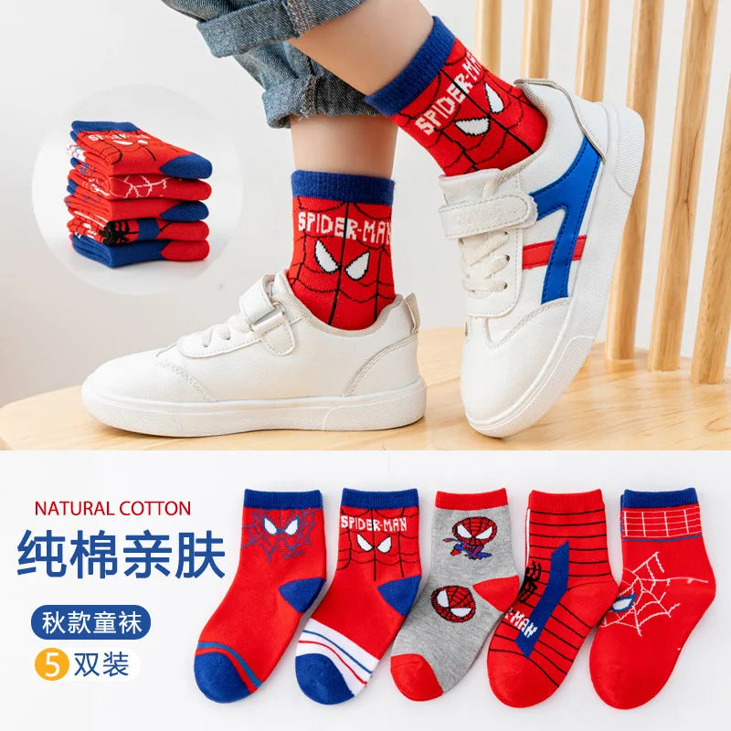 5 Pairs Marvel Kids Socks Mesh Breathable Ice Thin Socks Summer Kawaii Spider-Man Cartoon Childrens Mid-calf Cotton Sock for Boy