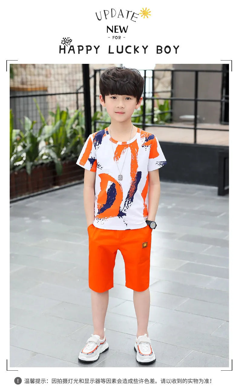 Children clothes Boys Clothing Sets Summer Cotton Teenage Kids  Suit For 4 6 8 10 12 14 Years Short Sleeve Shirt Shorts Set