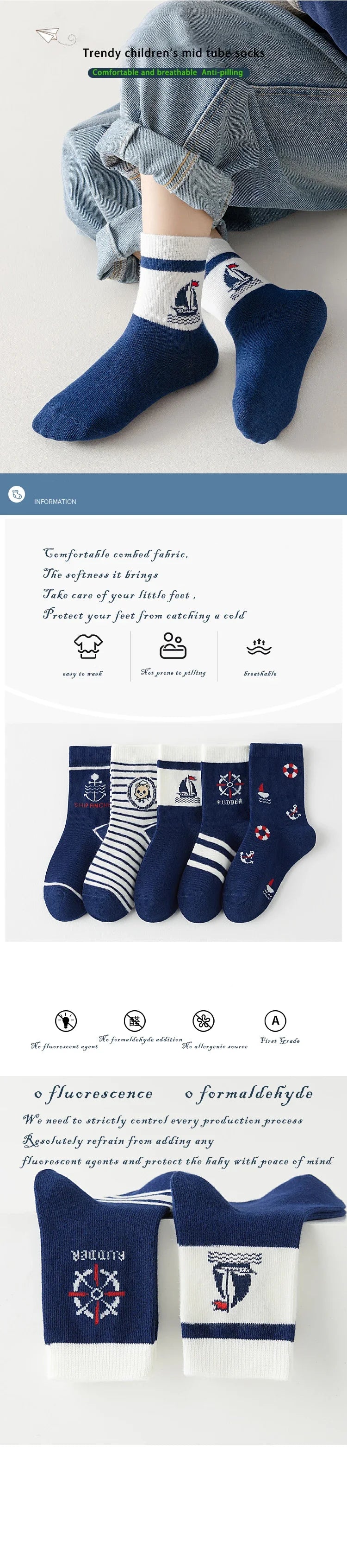 1-14y Kids' Socks 5 Pairs/lot Soft Cotton Thin Socks Autumn Cotton Socks Medium Little Big Boys Crew Sock