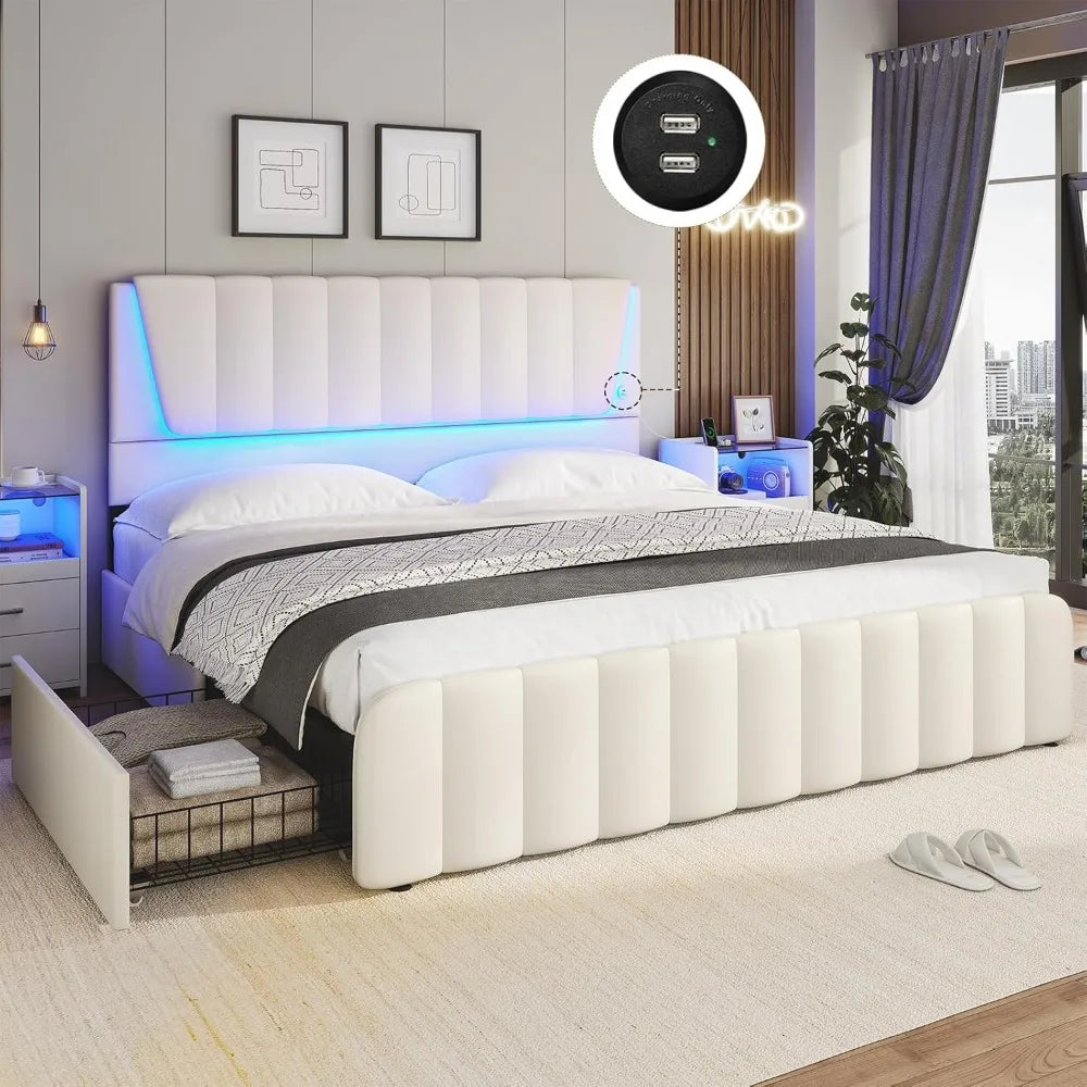 Queen Bed Frame with Headboard and 4 Storage Drawers, Platform Bed Frame Queen Size with Led Light & 2 USB Ports