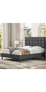 King Bed Frame Upholstered Platform Bed with Fabric Headboard, Wing Edge Design/Non-Slip and Noise-Free/Wooden Slats Support