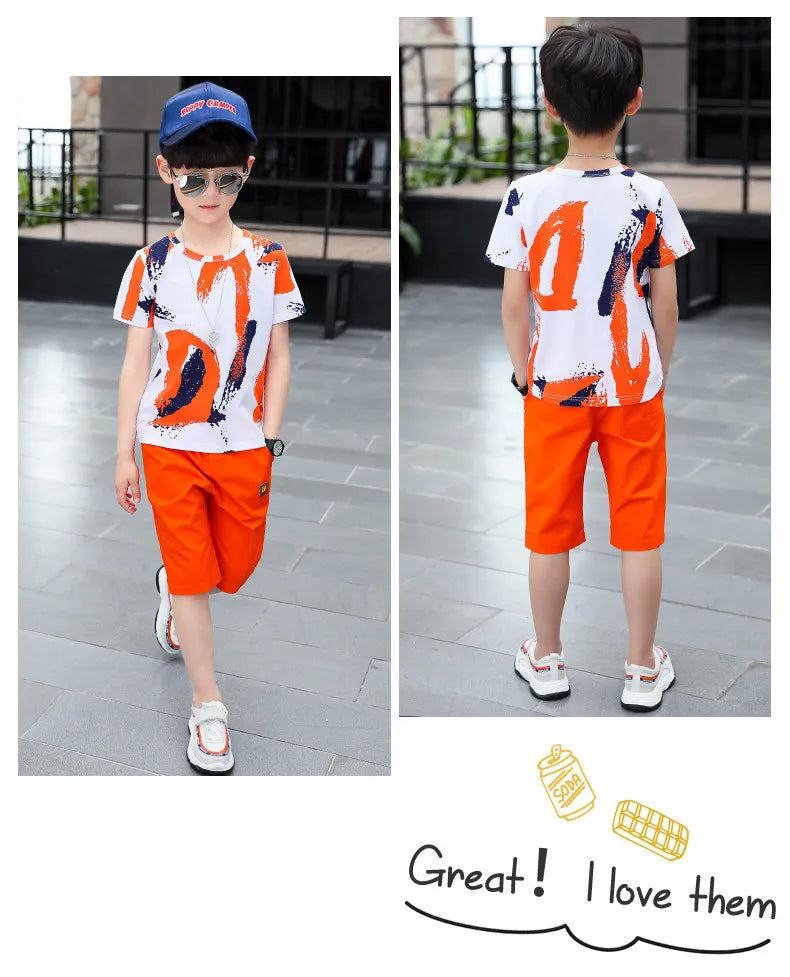 Children clothes Boys Clothing Sets Summer Cotton Teenage Kids  Suit For 4 6 8 10 12 14 Years Short Sleeve Shirt Shorts Set