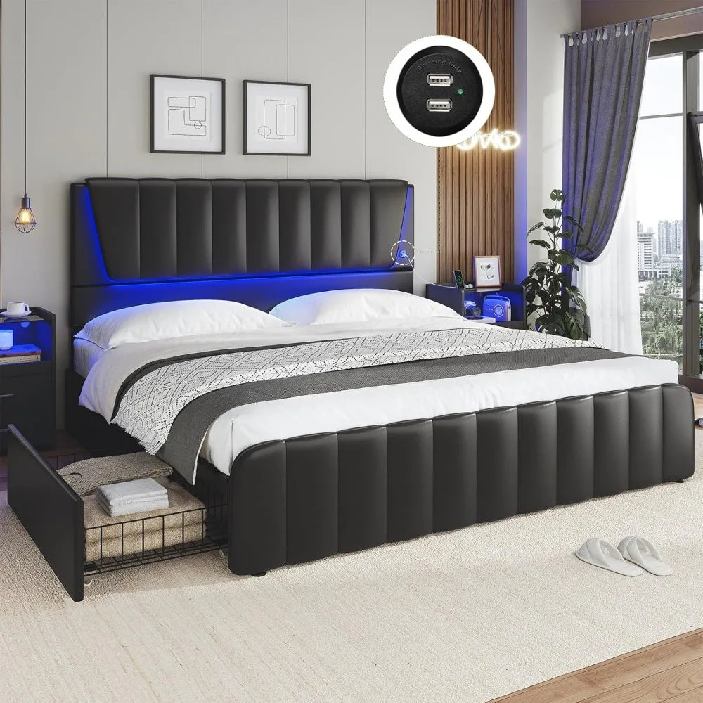 Queen Bed Frame with Headboard and 4 Storage Drawers, Platform Bed Frame Queen Size with Led Light & 2 USB Ports