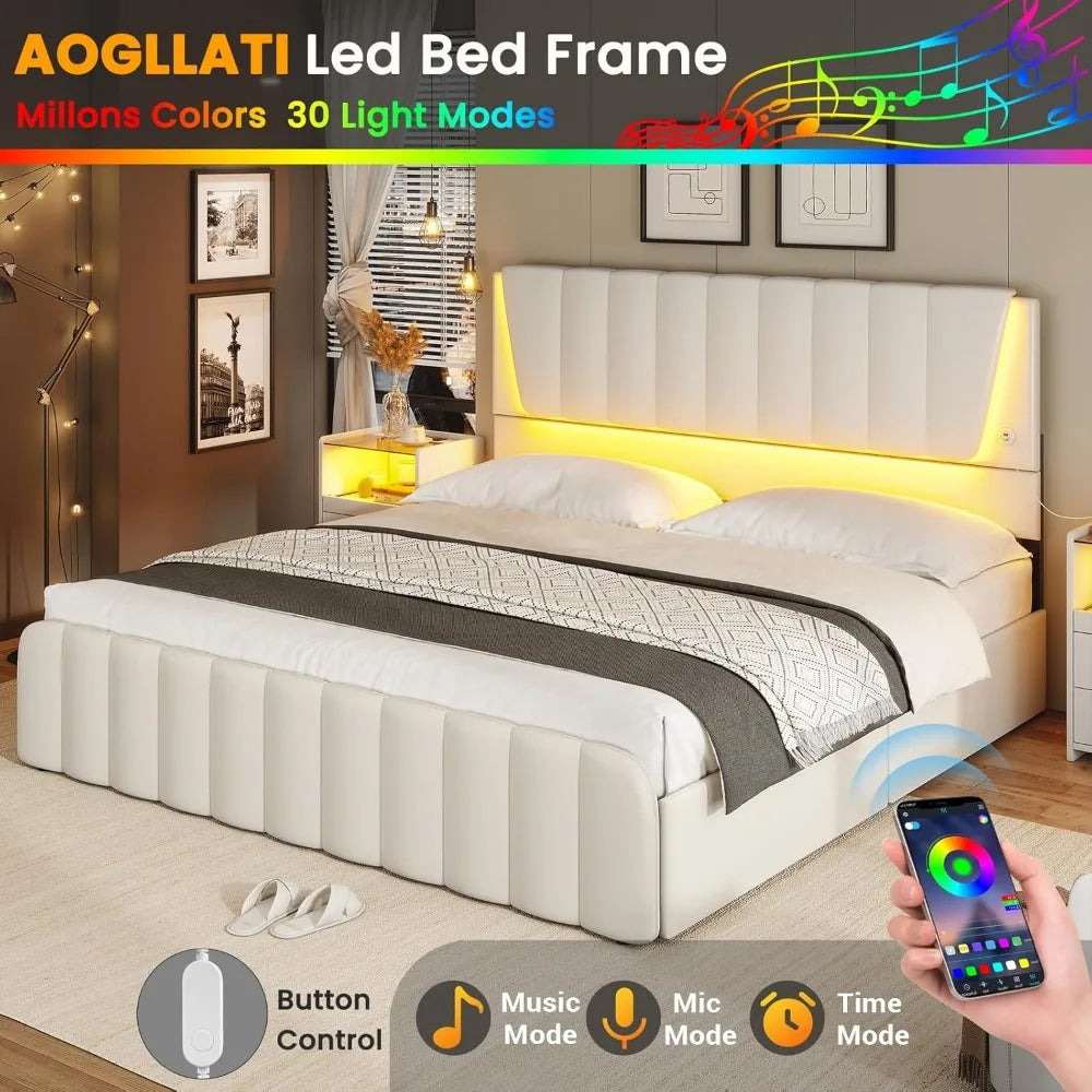 Queen Bed Frame with Headboard and 4 Storage Drawers, Platform Bed Frame Queen Size with Led Light & 2 USB Ports