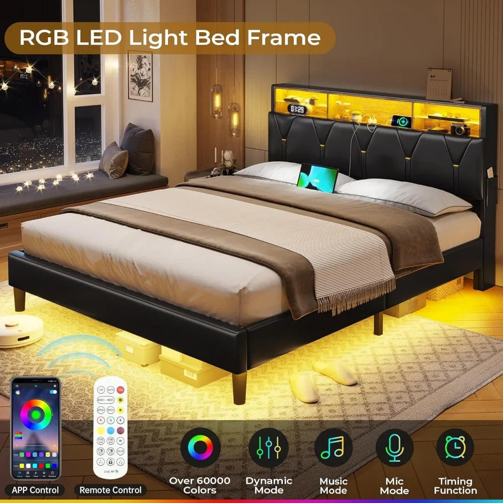 Queen Bed Frame with LED Lights & Charging Station,LED Bed Frame Queen Size with Storage Shelf Headboard