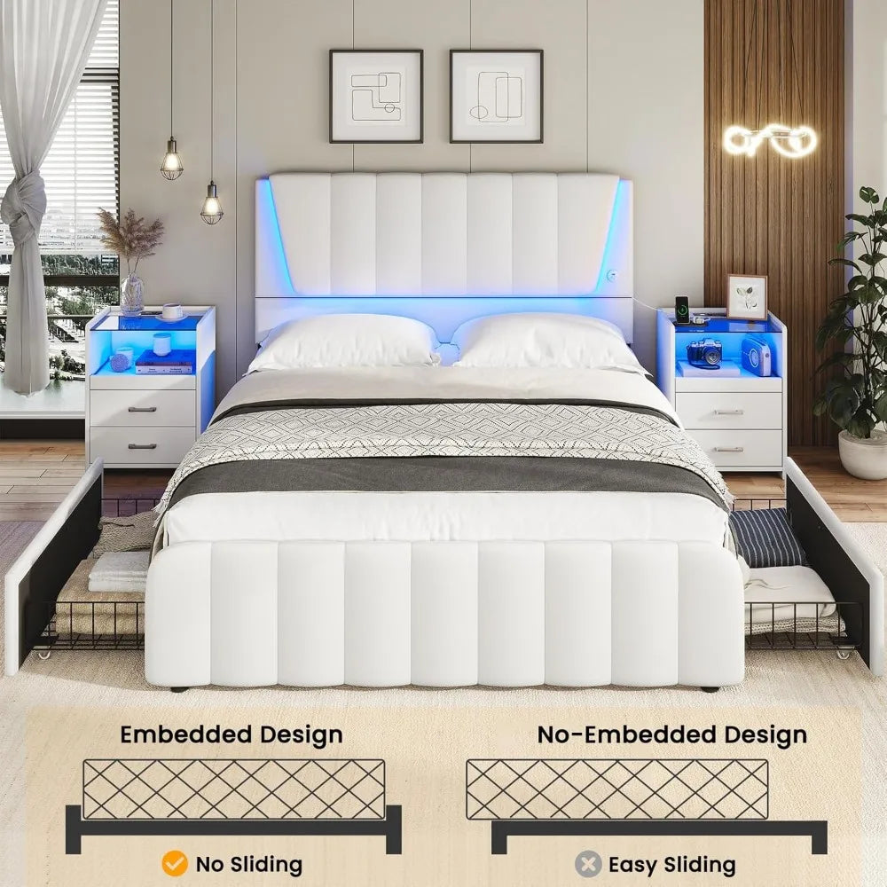 Queen Bed Frame with Headboard and 4 Storage Drawers, Platform Bed Frame Queen Size with Led Light & 2 USB Ports