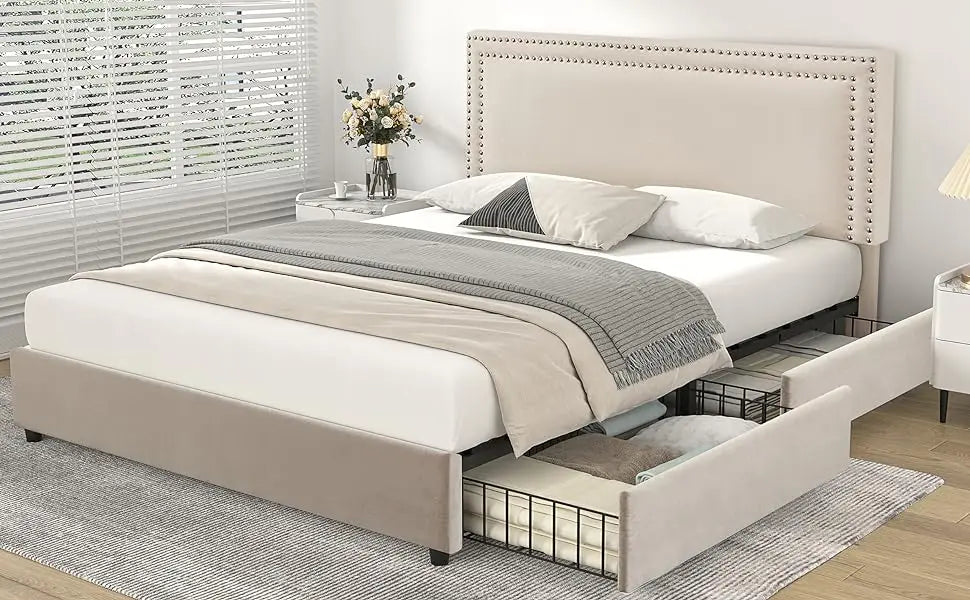 Queen Size Upholstered Platform Bed Frame with 4 Storage Drawers, Adjustable Velvet Rivets Headboard, Wooden Slats Support