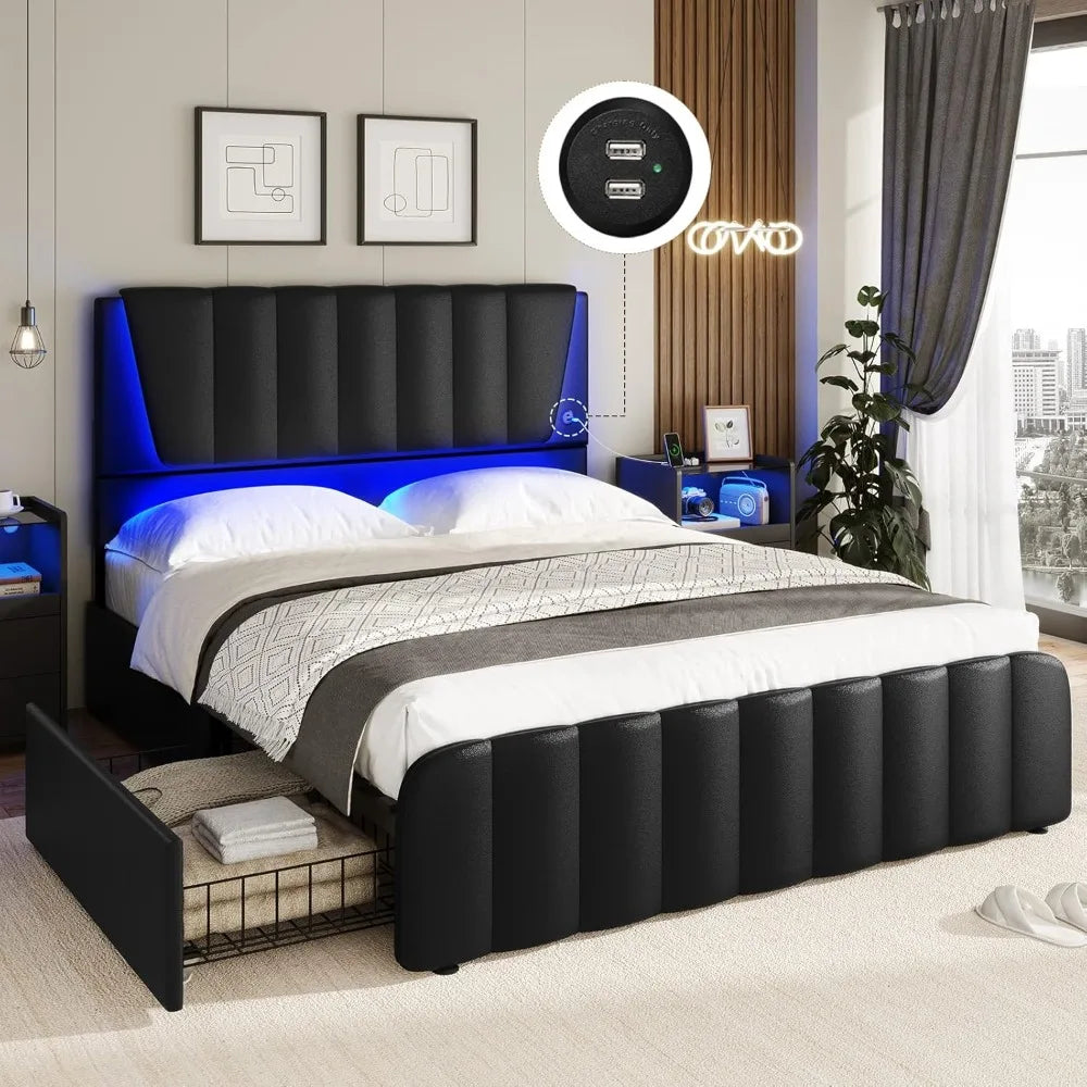 Queen Bed Frame with Headboard and 4 Storage Drawers, Platform Bed Frame Queen Size with Led Light & 2 USB Ports