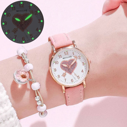 Cute Heart-shaped Dial Glowing Children's Watch Luminous Fluorescent Female Student Fashion Watch Simple love at first sight